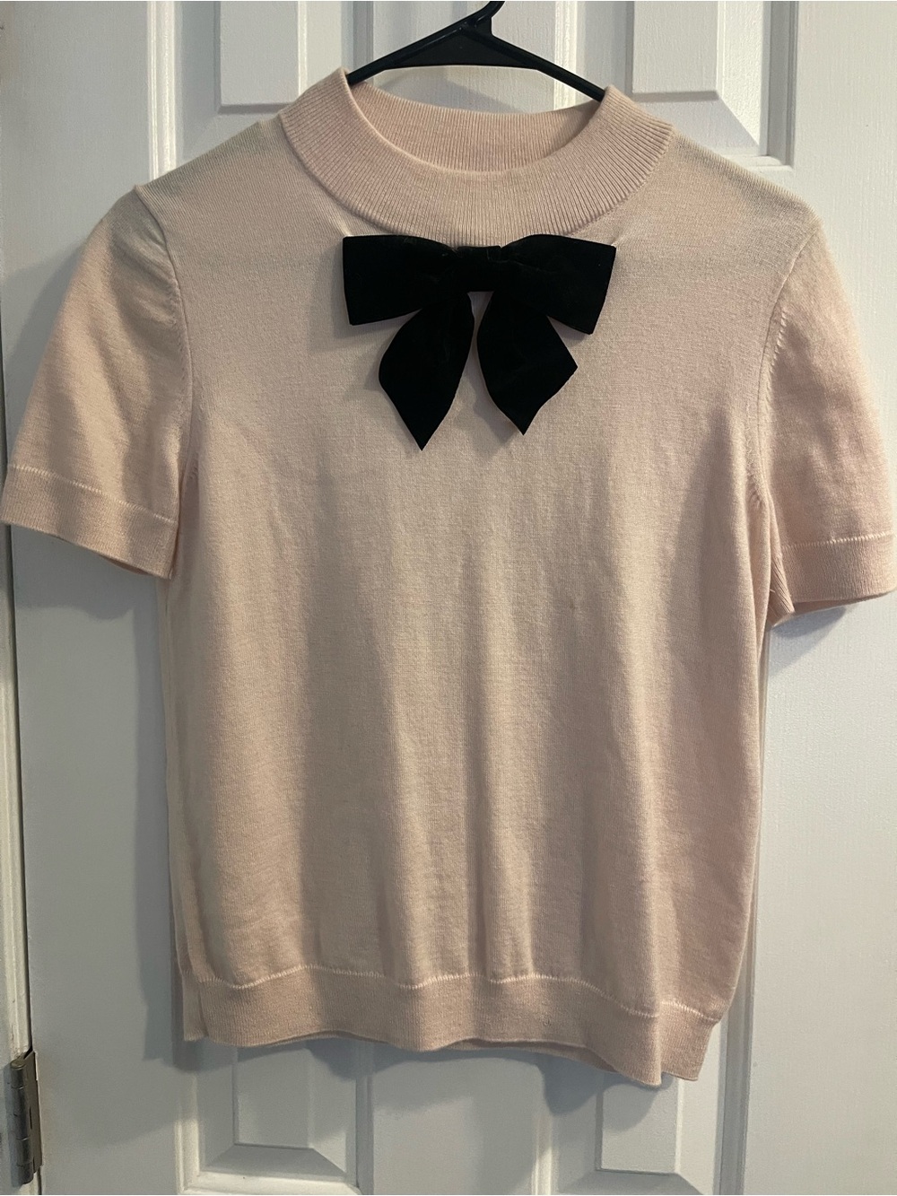 Kate Spade Pink Short Sleeve Sweater with Black Velvet Bow - Size S